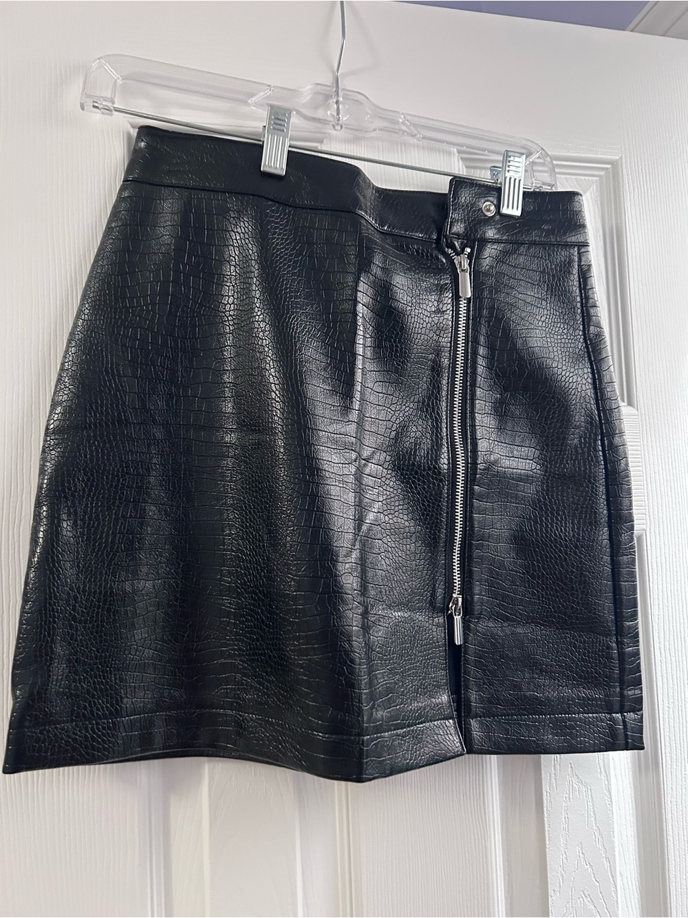 Topshop Black Faux Leather Croc-Embossed Mini Skirt with Front Zip Detail